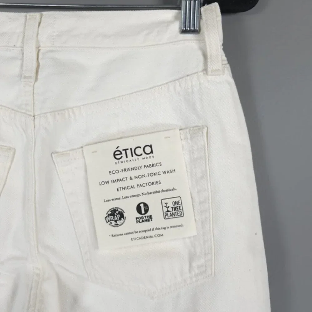 NWT etica NARIN RELAXED LONG SHORTS White Denim Laser‎ Vortex Raw Hem Size 24